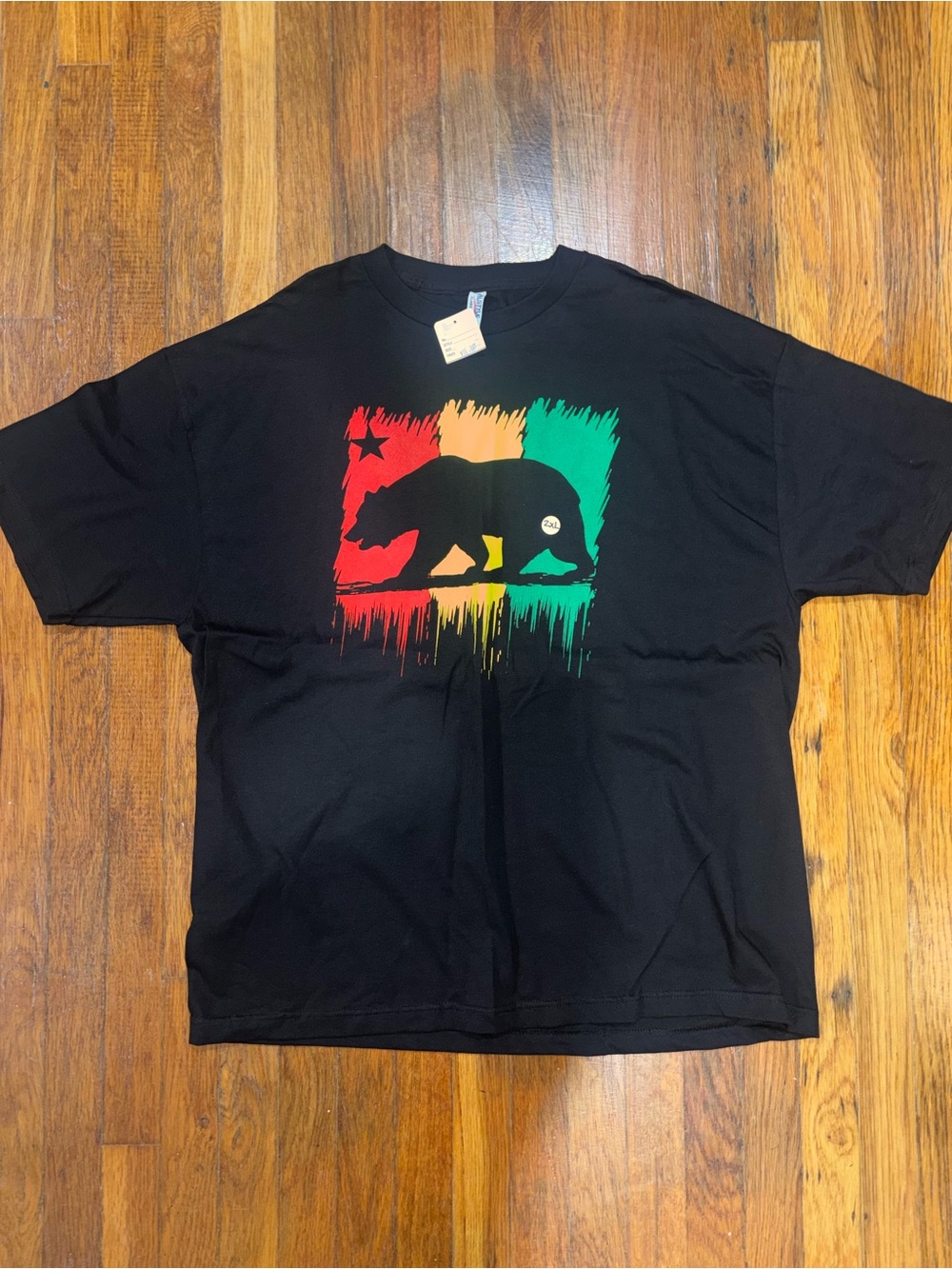Black Graphic Bear Tee with Red-Yellow-Green Print